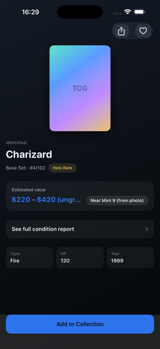 Card Scanner identification result with value estimate