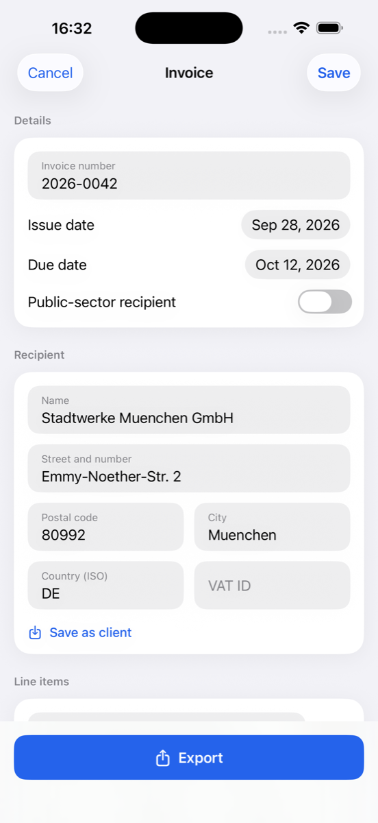 E-Rechnung invoice editor with field validation