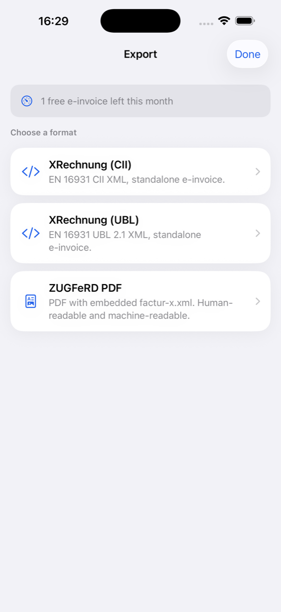 E-Rechnung export as XRechnung or ZUGFeRD