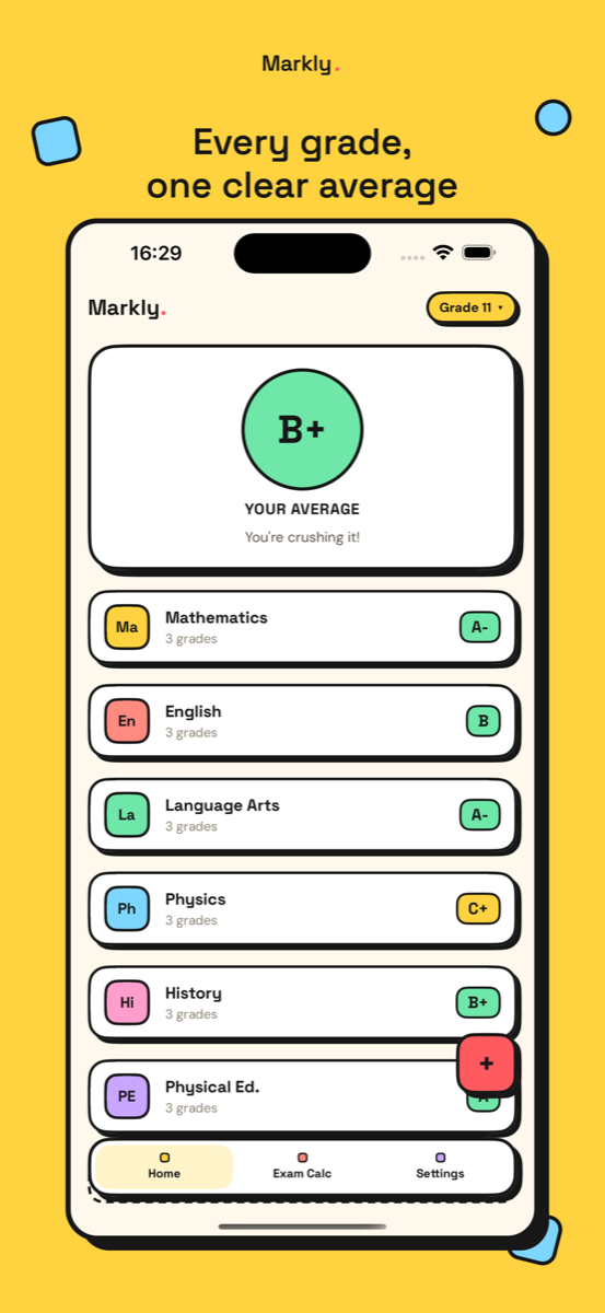 GradeBuddy home screen with color-coded subject averages