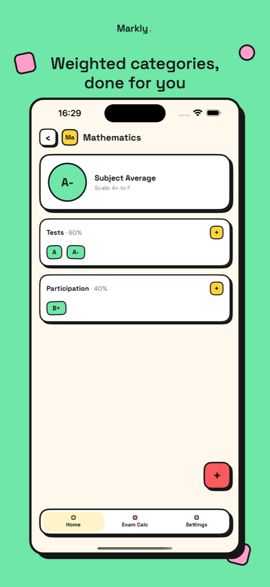 GradeBuddy subject view with weighted grade categories