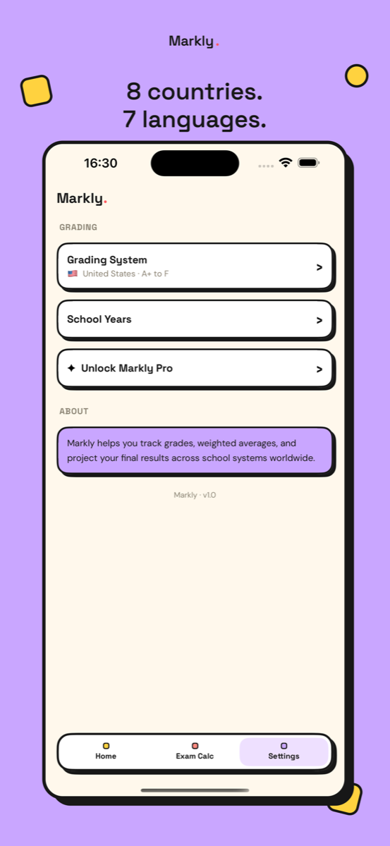 GradeBuddy settings with grading systems and languages