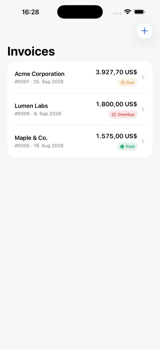 Invoice Studio invoice list with paid and due status