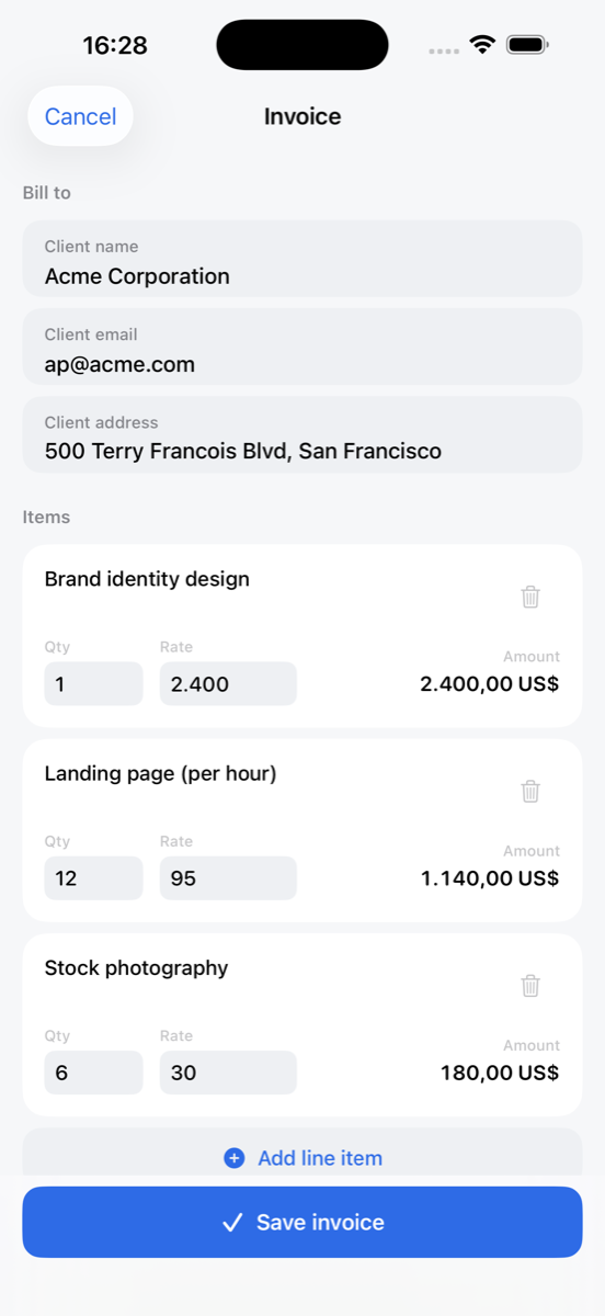 Invoice Studio invoice editor with line items