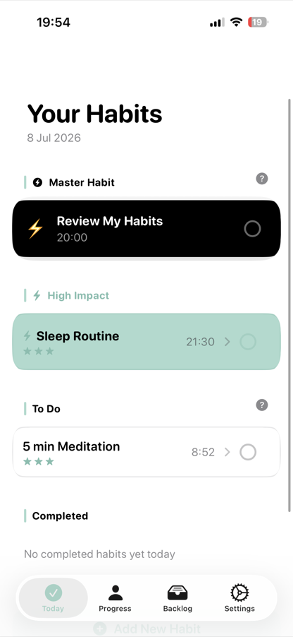 Vista de hoy de LazyHabits con tus hábitos del día