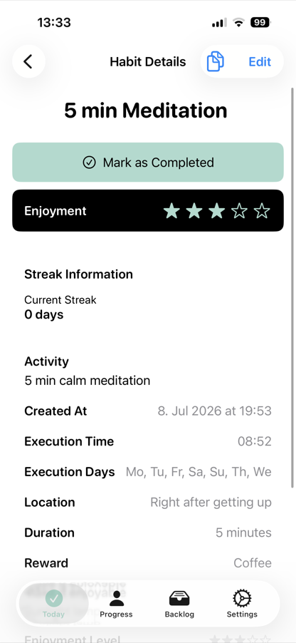 Detalles de un hábito en LazyHabits con horario, racha y recompensa