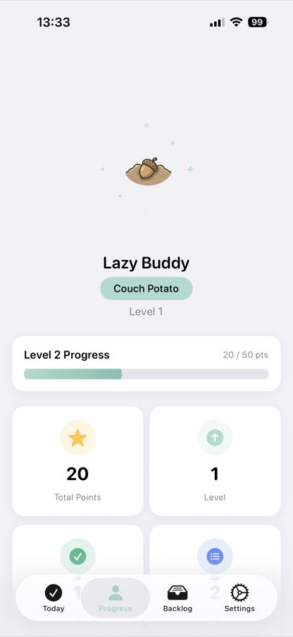 Pantalla de progreso de LazyHabits con tu Lazy Buddy