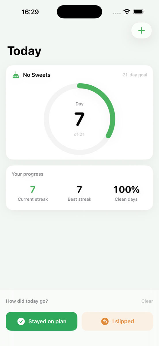 No Carbs Challenge home with streak and progress ring