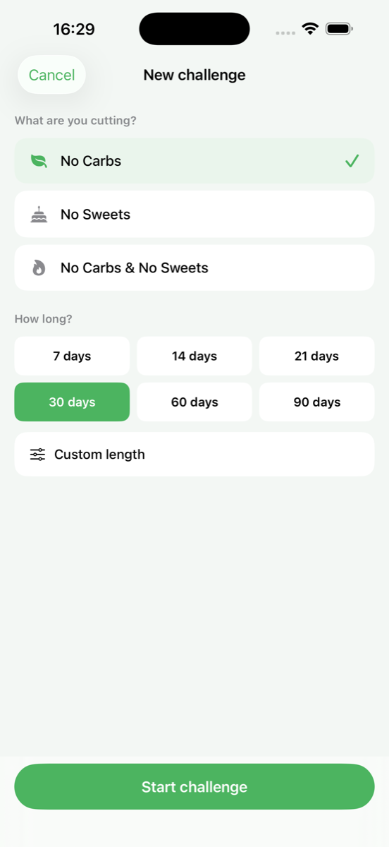 No Carbs Challenge setup with goals