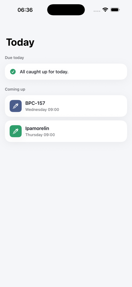Peptide Tracker Today view with upcoming doses