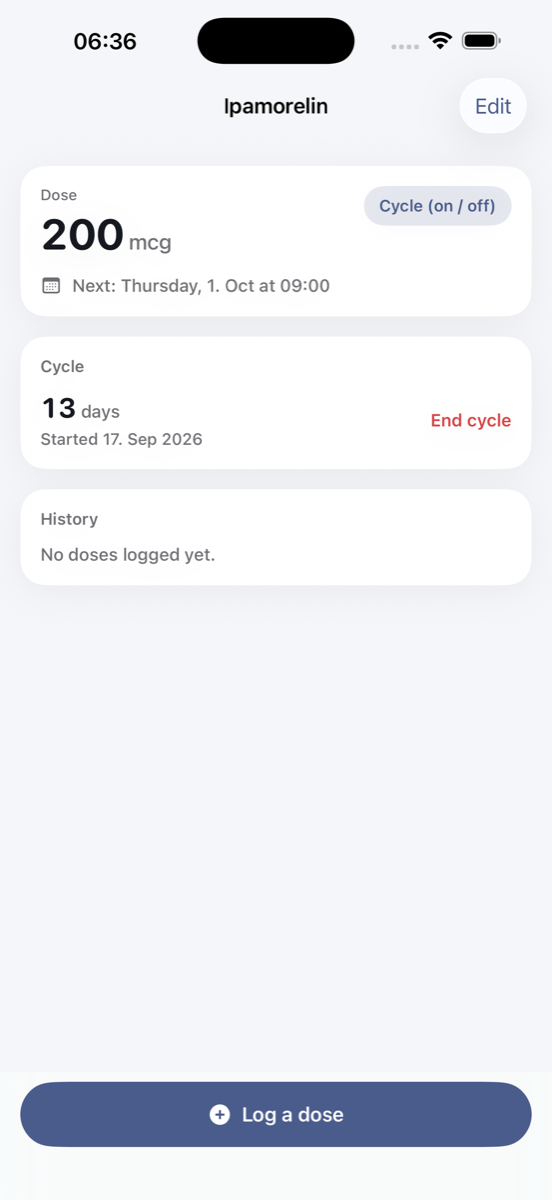 Peptide Tracker compound detail with schedule