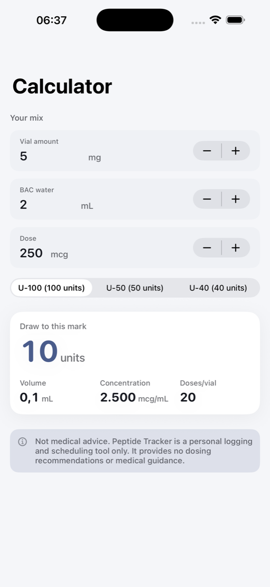 Peptide Tracker reconstitution calculator